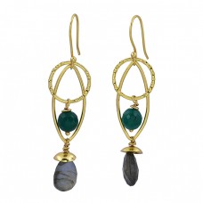 Green Onyx Labradorite Gemstone 925 Sterling Silver Gold Plated Dangle Earrings