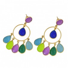 Pear Round Shape Multi Color Gemstone 925 Sterling Silver Gold Plated Stud Earrings