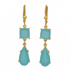 Pear Square Shape Chalcedony Gemstone 925 Sterling Silver Gold Plated Earrings