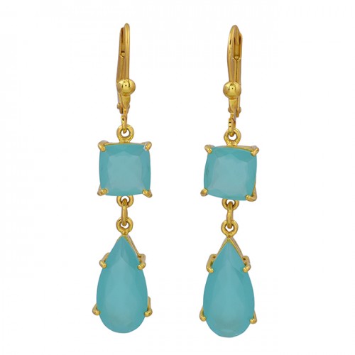 Pear Square Shape Chalcedony Gemstone 925 Sterling Silver Gold Plated Earrings