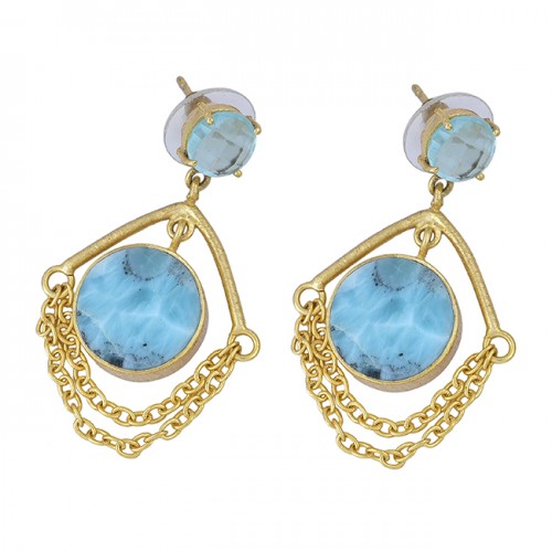 Blue Topaz Larimar Gemstone 925 Sterling Silver Gold Plated Stud Dangle Earrings