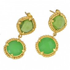 Peridot Chalcedony Gemstone 925 Sterling Silver Gold Plated Stud Dangle Earrings