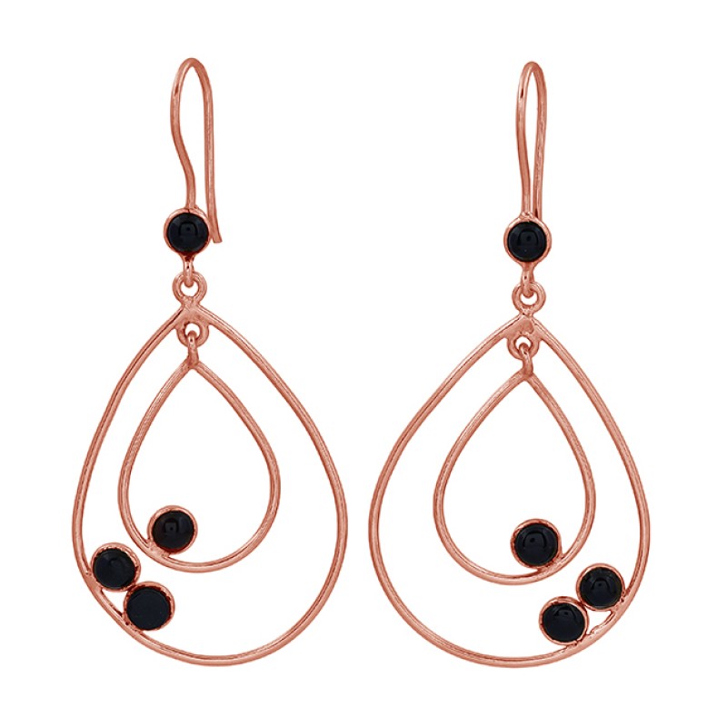 Round Shape Black Onyx Gemstone 925 Sterling Silver Gold Plated Dangle Earrings