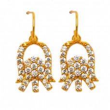 Pave Cubic Zirconia Gemstone 925 Sterling Silver Gold Plated Dangle Earrings