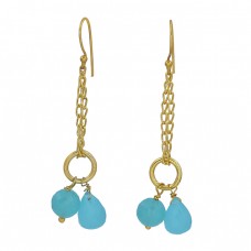 Aqua Chalcedony Gemstone 925 Sterling Silver Gold Plated Chain Dangle Earrings