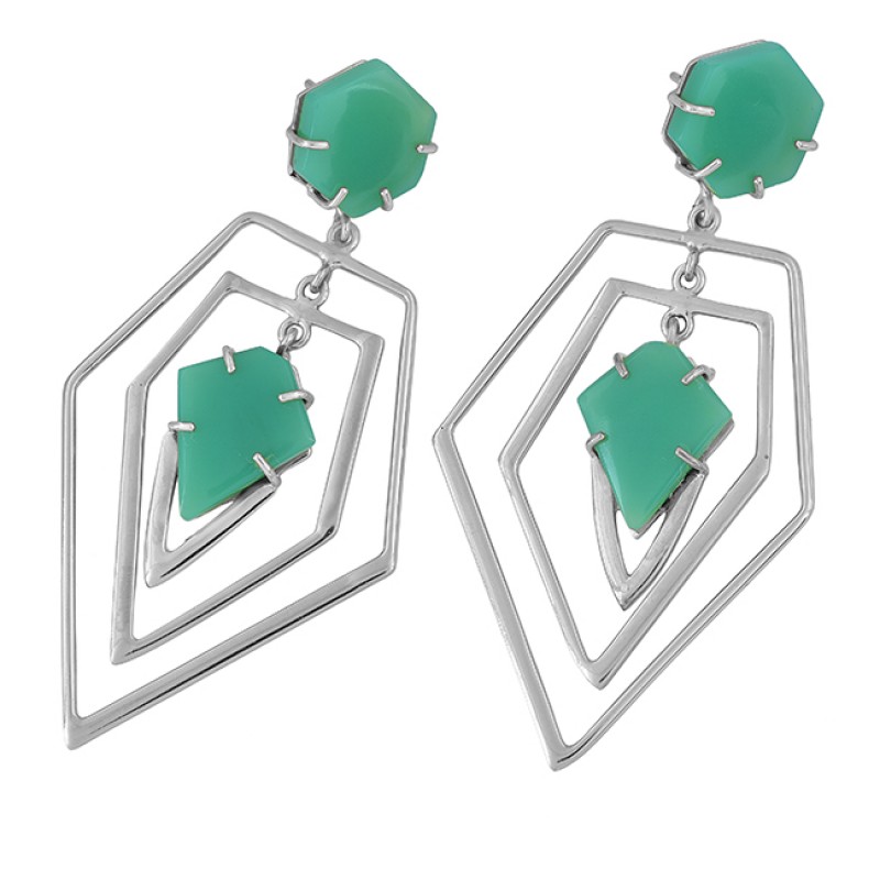 Prehnite Chalcedony Gemstone 925 Sterling Silver Gold Plated Earrings