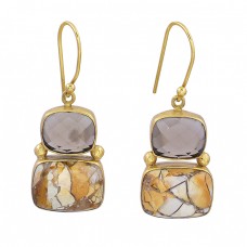 Smoky Quartz Breceted Mookite Gemstone 925 Sterling Silver Gold Plated Earrings