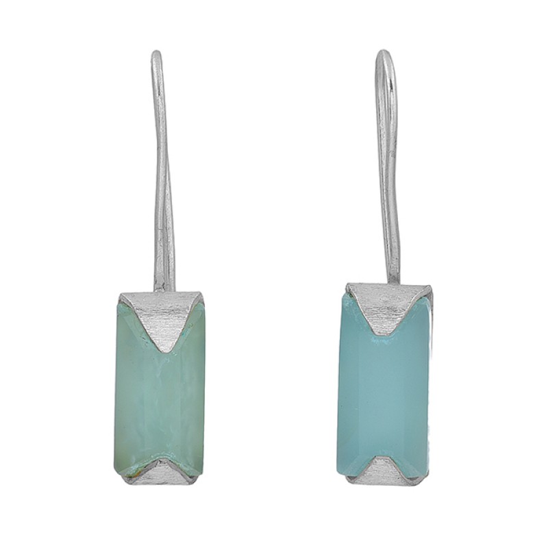 Aqua Chalcedony Gemstone 925 Sterling Silver Gold Plated Fixed Ear Wire Earrings