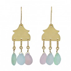 Pear Drops Shape Chalcedony Gemstone 925 Sterling Silver Gold Plated Earrings