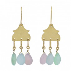 Pear Drops Shape Chalcedony Gemstone 925 Sterling Silver Gold Plated Earrings