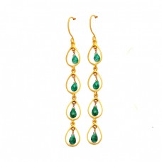 Emerald Pear Drops Gemstone Handmade 925 Sterling Silver Gold Plated Dangle Earrings 