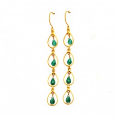 Emerald Pear Drops Gemstone Handmade 925 Sterling Silver Gold Plated Dangle Earrings : Price $16.90