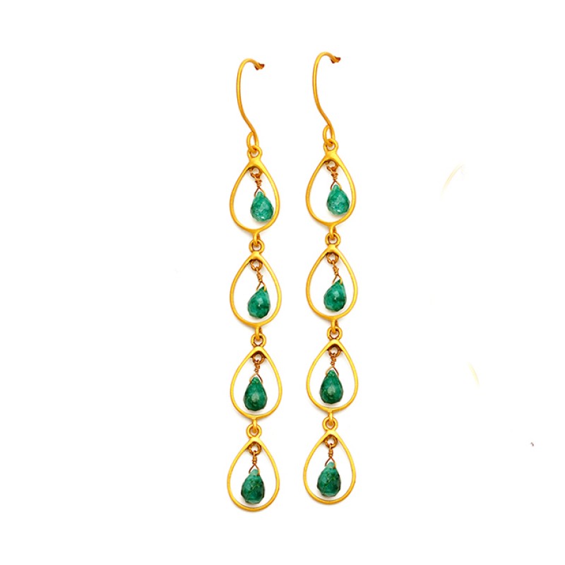 
									Emerald Pear Drops Gemstone Handmade 925 Sterling Silver Gold Plated Dangle Earrings 