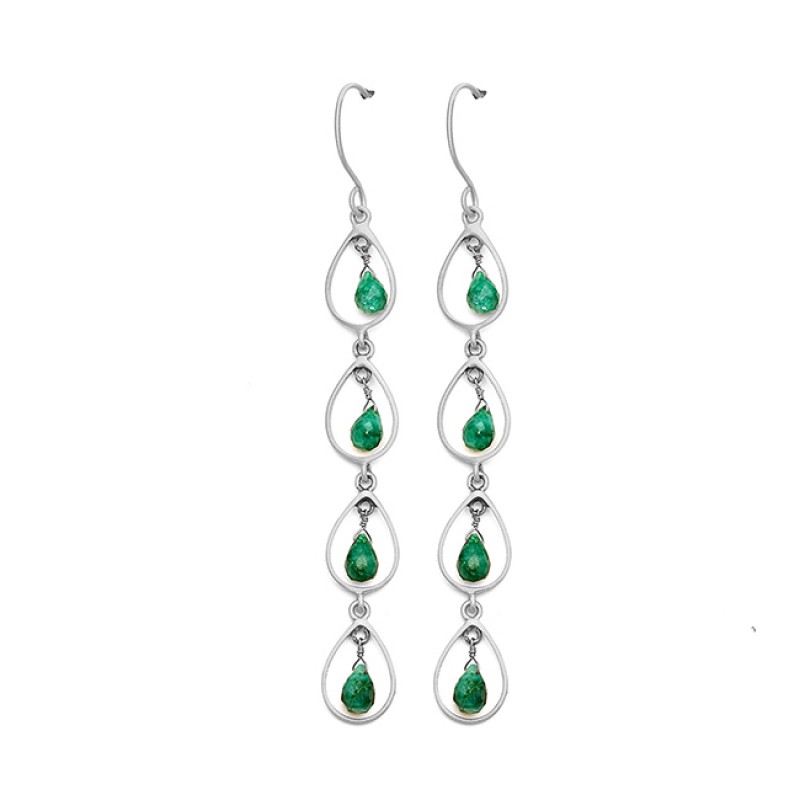 Emerald Pear Drops Gemstone Handmade 925 Sterling Silver Gold Plated Dangle Earrings 