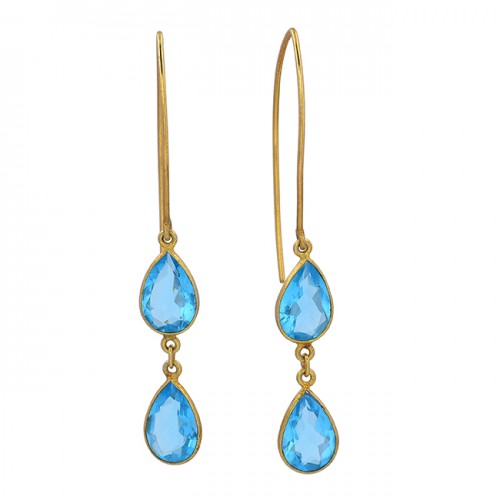Blue Topaz Pear Shape Gemstone 925 Sterling Silver Gold Plated Dangle Earrings