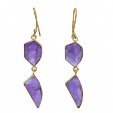 Amethyst Fancy Shape Gemstone 925 Sterling Silver Gold Plated Dangle Earrings