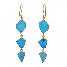 Fancy Shape Turquoise Gemstone 925 Sterling Silver Gold Plated Earrings