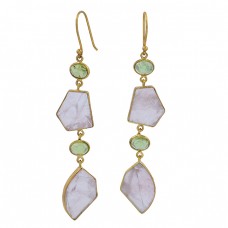 Prehnite Golden Rutile Quartz Gemstone 925 Sterling Silver Gold Plated Earrings