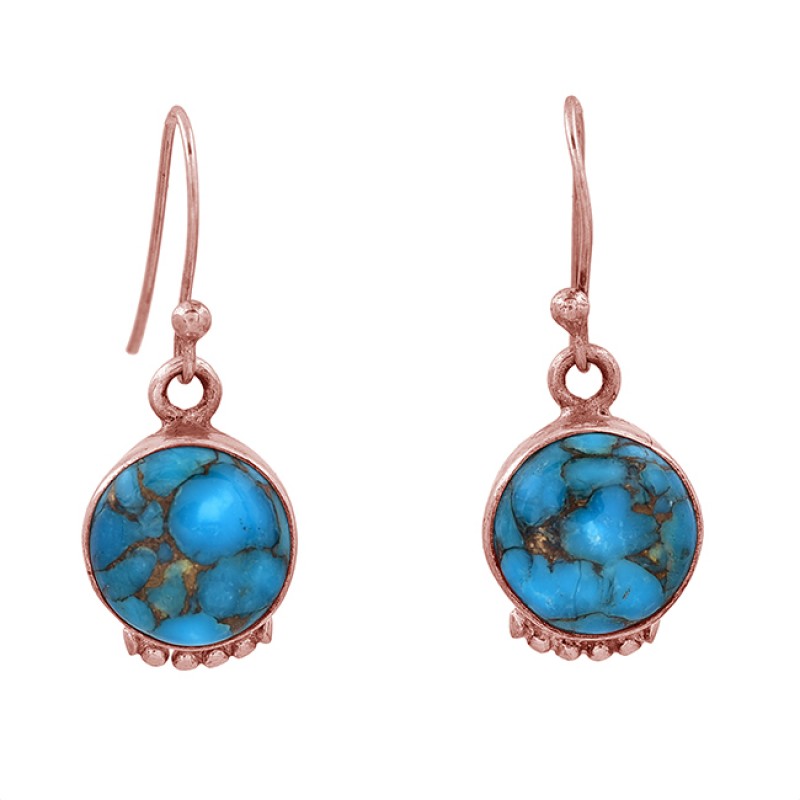 Blue Copper Turquoise Round Shape Gemstone 925 Sterling Silver Dangle Earrings