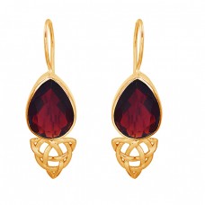 Pear Shape Garnet Gemstone 925 Sterling Silver Gold Plated Fixed Ear Wire Earrings