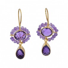 925 Sterling Silver Amethyst Gemstone Gold Plated Fixed Ear Wire Earrings