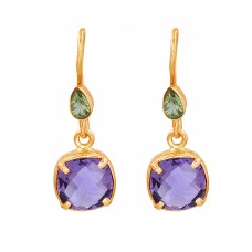 Peridot Amethyst Gemstone 925 Sterling Silver Fixed Ear Wire Earrings