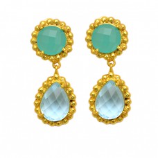 Vintage Aqua Chalcedony Blue Topaz Gemstone 925 Sterling Silver Gold Plated Stud Earrings