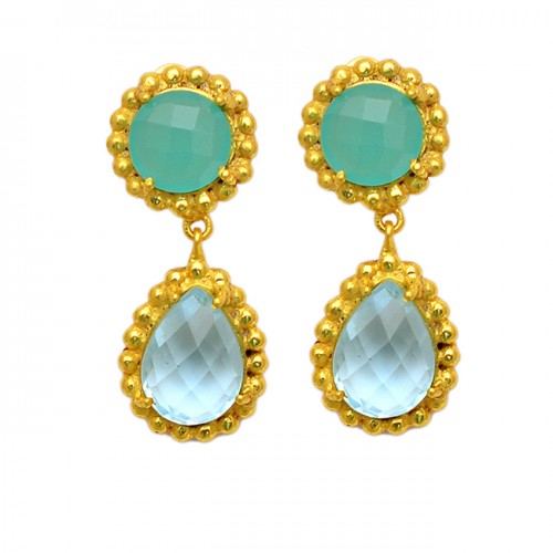 Vintage Aqua Chalcedony Blue Topaz Gemstone 925 Sterling Silver Gold Plated Stud Earrings