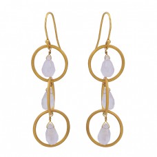 Pear Drops Shape Rose Quartz Gemstone 925 Sterling Silver Gold Plated Earrings