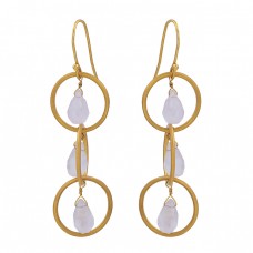 Pear Drops Shape Rose Quartz Gemstone 925 Sterling Silver Gold Plated Earrings