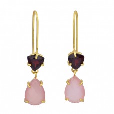 Garnet Rose Chalcedony Gemstone 925 Sterling Silver Gold Plated Fixed Ear Wire Earrings