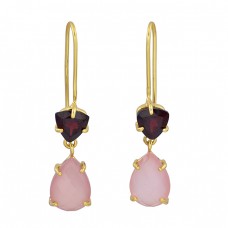 Garnet Rose Chalcedony Gemstone 925 Sterling Silver Gold Plated Fixed Ear Wire Earrings