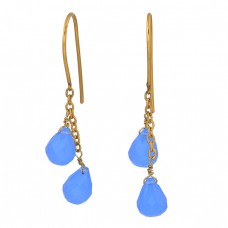 Blue Chalcedony Pear Drops Shape Gemstone 925 Sterling Silver Gold Plated Earrings