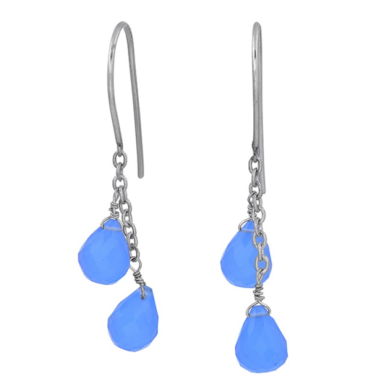 Blue Chalcedony Pear Drops Shape Gemstone 925 Sterling Silver Gold Plated Earrings