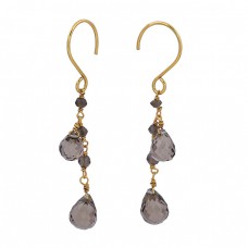 Smoky Quartz Pear Drops Shape Gemstone 925 Silver Gold Plated Dangle Earrings