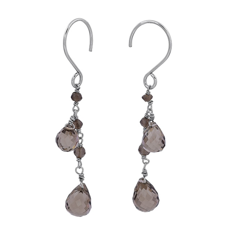 Smoky Quartz Pear Drops Shape Gemstone 925 Silver Gold Plated Dangle Earrings