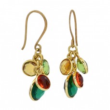 Bezel Setting Multi Color Gemstone 925 Sterling Silver Gold Plated Dangle Earrings