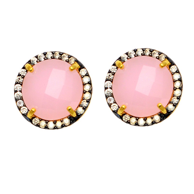 Pave CZ Round Briolette Rose Chalcedony Gemstone 925 Sterling Silver Gold Plated Stud Earrings Jewelry