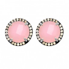 Pave CZ Round Briolette Rose Chalcedony Gemstone 925 Sterling Silver Gold Plated Stud Earrings Jewelry