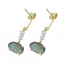 Labradorite Pearl Gemstone 925 Sterling Silver Gold Plated Stud Dangle Earrings