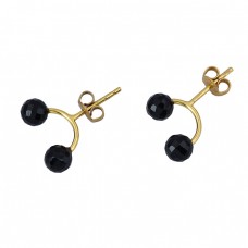 Black Onyx Round Balls Shape Gemstone 925 Sterling Silver Gold Plated Hoop Earrings