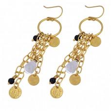 Crystal Black Onyx Gemstone 925 Sterling Silver Gold Plated Dangle Earrings
