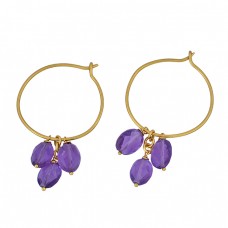 Amethyst Oval Shape Gemstone 925 Sterling Silver Gold Plated Hoop Earrings