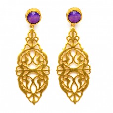 Filigree Designer Amethyst Round Gemstone 925 Sterling Silver Gold Plated Stud Earrings