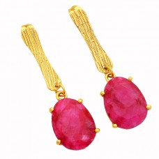 925 Sterling Silver Oval Shape Ruby Gemstone Gold Plated Stud Earrings