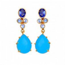 Topaz Quartz Chalcedony Gemstone 925 Sterling Silver Gold Plated Stud Earrings