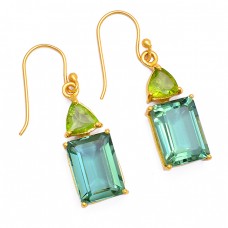 Peridot Green Amethyst Gemstone 925 Sterling Silver Gold Plated Dangle Earrings