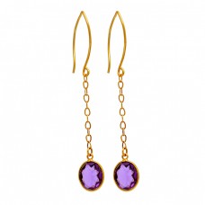 Amethyst Oval Shape Gemstone 925 Sterling Silver Gold Plated Dangle Earrings