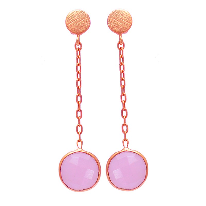 Round Shape Rose Chalcedony Gemstone 925 Sterling Silver Gold Plated Earrings