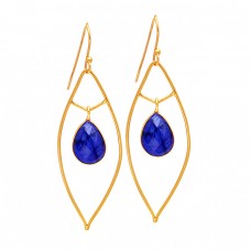 Pear Drops Shape Sapphire Gemstone 925 Sterling Silver Gold Plated Dangle Earrings